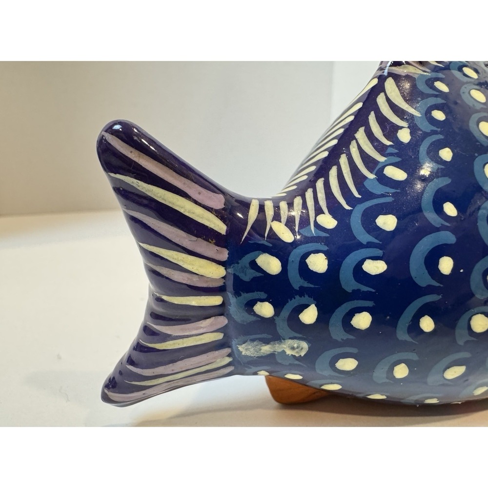 Hand-Painted Mexican Pottery Fish Talavera style Yellow Purple Handmade Folk-Art - Picture 3 of 7